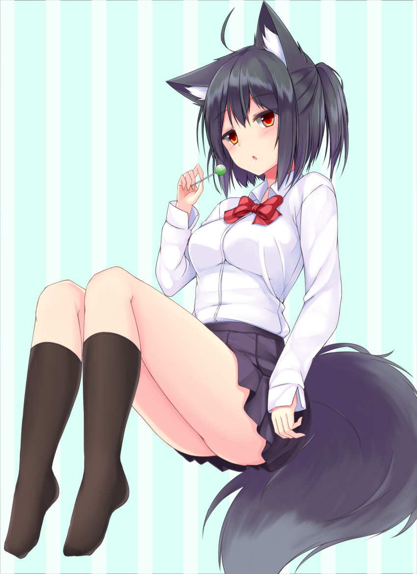 1girl ahoge animal_ear_fluff animal_ears aqua_hair ass bangs black_hair black_legwear black_skirt blush bow bowtie breasts candy chestnut_mouth collared_shirt dress_shirt eyebrows_visible_through_hair food fox_ears fox_girl fox_tail highres holding_candy jitome kneehighs lollipop long_sleeves looking_at_viewer medium_breasts medium_hair no_shoes orange_eyes original pleated_skirt red_bow red_neckwear school_uniform shirt short_ponytail skirt sogaya solo striped striped_background tail white_shirt wing_collar