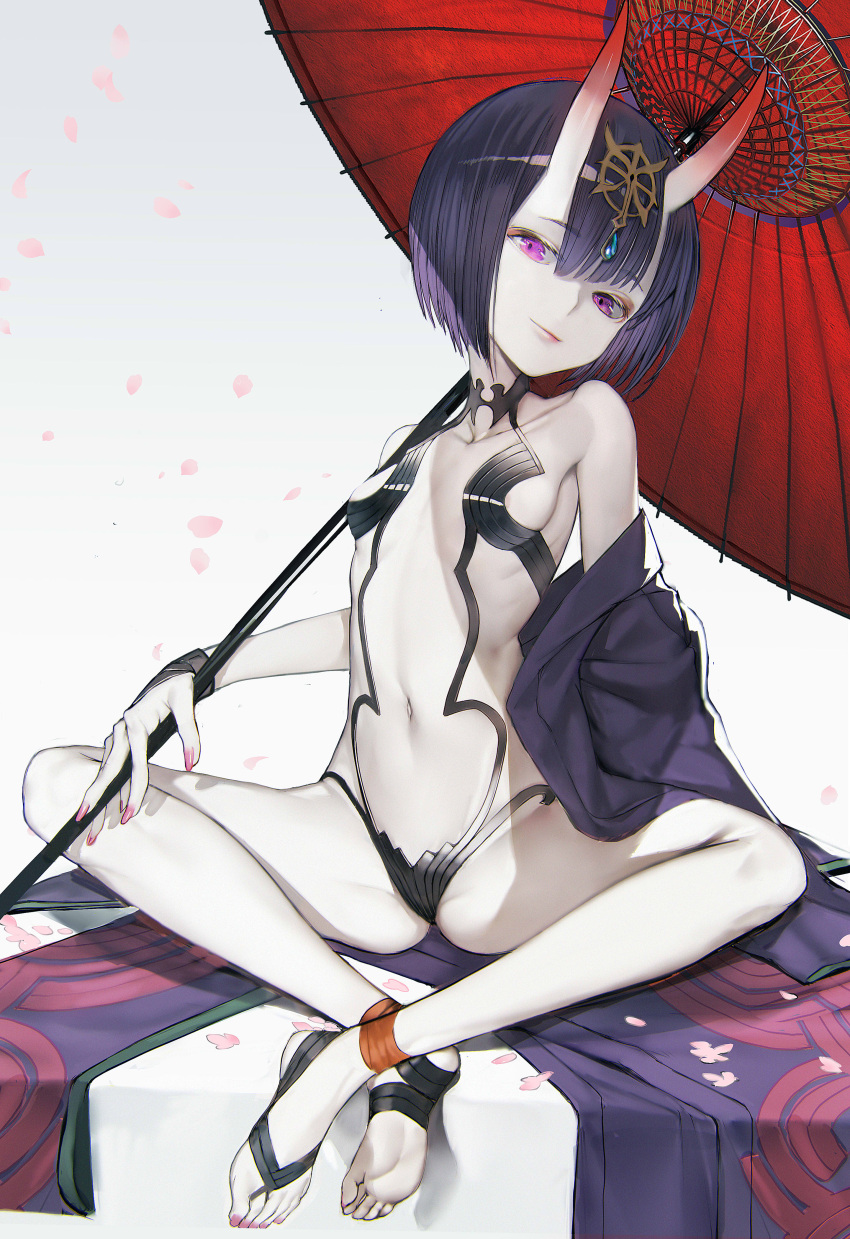 1girl absurdres bangs bare_legs barefoot_sandals breasts closed_mouth commentary_request crossed_ankles eyebrows_visible_through_hair fate/grand_order fate_(series) fingernails hair_between_eyes head_tilt headpiece highres holding holding_umbrella horns looking_at_viewer nail_polish navel nyatabe oni oni_horns oriental_umbrella petals pink_nails purple_hair red_umbrella revealing_clothes short_hair shuten_douji_(fate/grand_order) small_breasts smile solo toenail_polish toenails umbrella violet_eyes