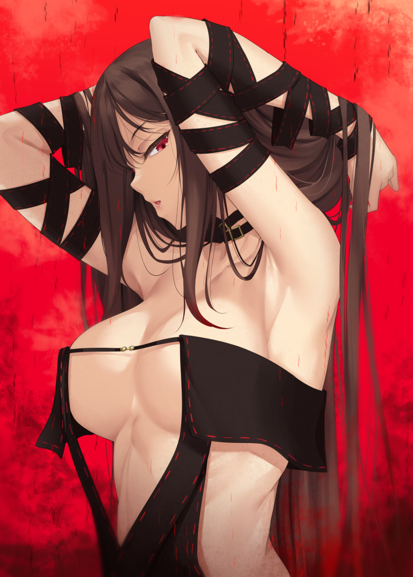 1girl armpits arms_behind_head bangs bare_shoulders black_dress breasts brown_hair center_opening choker collarbone consort_yu_(fate) dress fate/grand_order fate_(series) highres jewelry long_hair looking_at_viewer medium_breasts nakano_sora navel open_mouth red_background red_eyes revealing_clothes solo strapless strapless_dress sweat upper_body very_long_hair