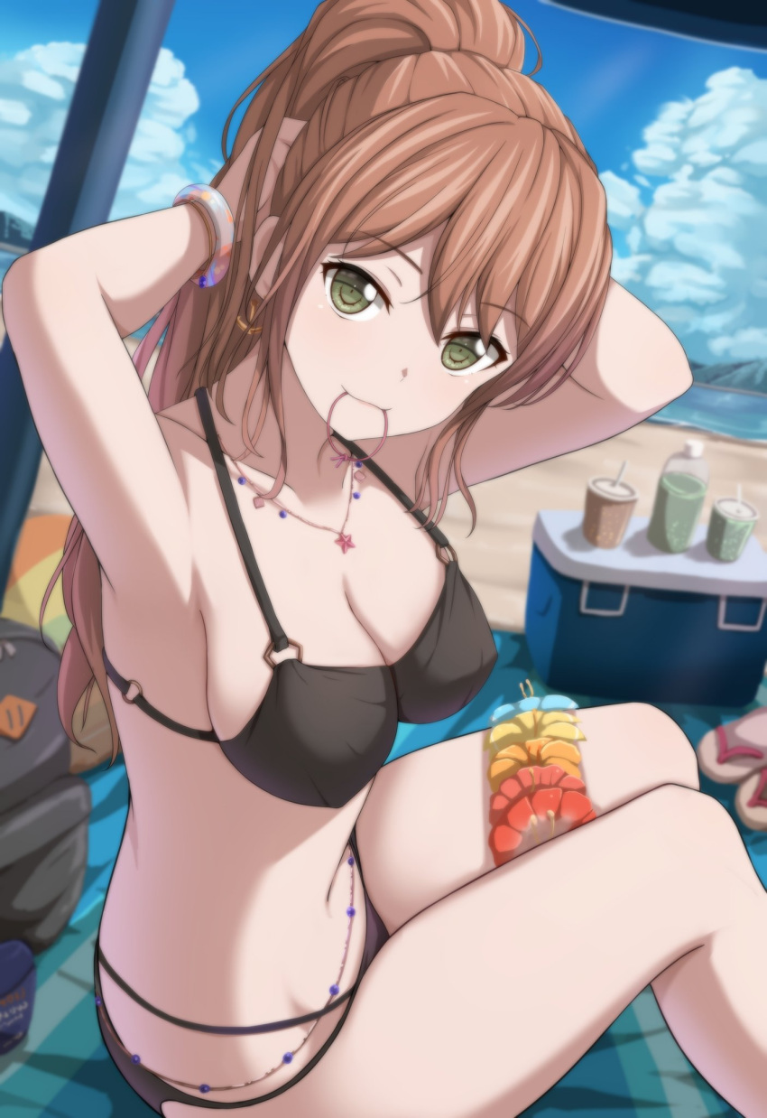 1girl armpits arms_up bang_dream! bangle bangs bare_arms bare_legs beach bikini black_bikini blue_sky blurry blurry_background blush bottle bracelet breasts brown_hair cleavage clouds collarbone cooler cup day earrings eyebrows_visible_through_hair flower footwear_removed green_eyes hair_between_eyes hair_tie_in_mouth highres imai_lisa jewelry large_breasts long_hair looking_at_viewer lotion mouth_hold narafume necklace ocean outdoors ponytail sand sandals sidelocks sitting sky smile solo stomach swimsuit tying_hair