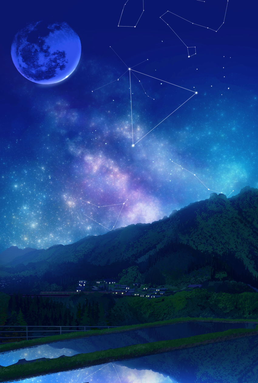 absurdres blue_sky building constellation forest full_moon ground_vehicle highres light moon mountain nature night night_sky original outdoors railing reflection rural scenery sky smile_(qd4nsvik) star_(sky) starry_sky town train tree water