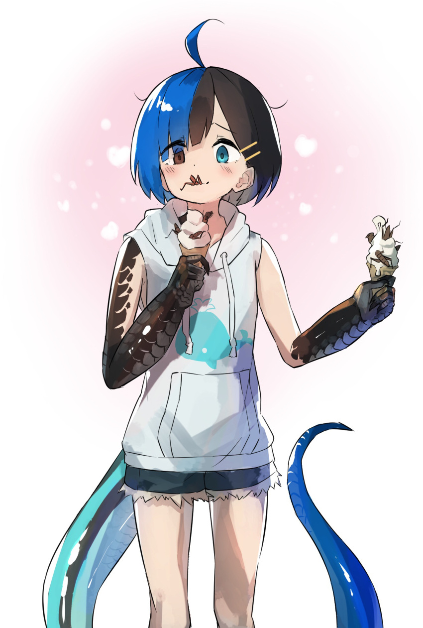 1girl black_eyes black_hair blue_eyes blue_hair blush brown_eyes brown_hair bug claws cockroach commentary_request denim denim_shorts eating eyes_visible_through_hair food grey_hoodie hair_ornament hairclip heterochromia highres hood hood_down hoodie ice_cream insect japanese_skink_(kamemaru) kamemaru lizard_girl lizard_tail looking_down monster_girl multicolored_hair original short_hair short_shorts shorts sleeveless sleeveless_hoodie smile solo standing tail two-tone_hair