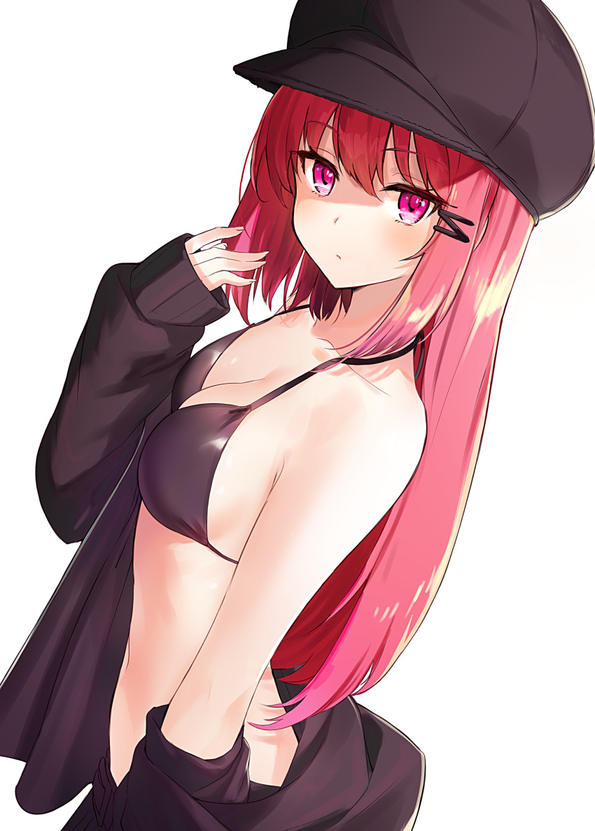 1girl absurdres ariaria_(netsuki) armpit_crease bangs bare_arms bare_shoulders belt black_bikini_top black_hat black_jacket black_skirt blush breasts cabbie_hat cleavage closed_mouth collarbone eyebrows_visible_through_hair from_side hair_between_eyes hair_ornament hairclip halter_top halterneck hand_up hat highres jacket long_hair long_sleeves looking_at_viewer looking_to_the_side miruto_netsuki navel off_shoulder open_clothes open_jacket original pink_eyes redhead sidelocks simple_background skirt sleeves_past_wrists small_breasts solo stomach upper_body white_background