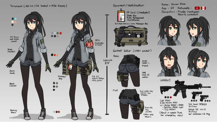 1girl :c armband ass assault_rifle bag black_hair black_legwear blue_eyes breasts canadian_flag character_name character_sheet color_guide english_text expressions flat_ass full_body glock_26 gloves gradient gradient_background green_gloves gun high_ponytail highres holster long_hair long_legs m4_carbine messenger_bag military_operator multiple_views name_tag ndtwofives original pantyhose ponytail rifle shoes short_shorts shorts shoulder_bag sig_sauer sig_sauer_sp2022 sleeves_rolled_up small_breasts smile sneakers thigh_holster thigh_pouch turtleneck vivian_zhao weapon