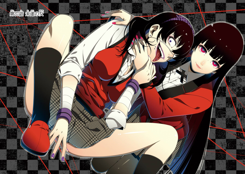 2girls bandage bandaged_arm bandages bangs black_hair black_legwear black_ribbon blazer blunt_bangs bow breasts checkered checkered_background crazy_eyes crazy_smile earrings eyepatch fingernails hair_between_eyes hairband hand_on_another's_neck hand_on_another's_shoulder heart heart_print highres hime_cut ikishima_midari jabami_yumeko jacket jewelry kakegurui kneehighs large_breasts lips lipstick long_hair long_sleeves looking_at_viewer makeup multiple_girls nail_polish naomura_tooru official_art one_eye_covered open_mouth pantyhose piercing plaid plaid_skirt pleated_skirt purple_nails red_eyes red_footwear red_nails ribbon school_uniform shirt short_hair sitting skirt sleeves_rolled_up smile tongue tongue_out tongue_piercing very_long_hair violet_eyes white_shirt wristband