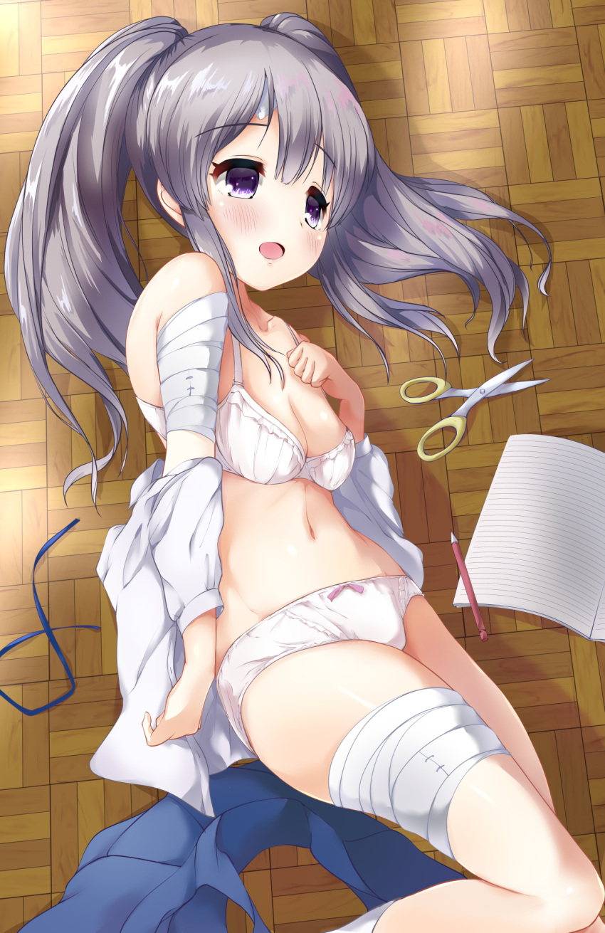 1girl bangs bare_shoulders blue_skirt blush bow bow_panties bra breasts cleavage collarbone commentary_request eyebrows_visible_through_hair grey_hair hair_between_eyes hand_up highres idolmaster idolmaster_shiny_colors kuroba_aki long_hair lying medium_breasts navel off_shoulder on_side open_clothes open_mouth open_shirt panties pleated_skirt scissors shirt skirt skirt_removed solo twintails underwear violet_eyes white_bra white_panties white_shirt wooden_floor yuukoku_kiriko