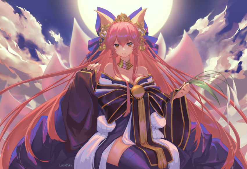 1girl animal_ear_fluff animal_ears bare_shoulders bell blue_kimono blue_legwear blue_ribbon breasts cleavage collarbone crown fate/grand_order fate_(series) fox_ears fox_girl fox_tail hair_ribbon highres japanese_clothes kimono large_breasts long_hair looking_at_viewer multiple_tails pink_hair ribbon solo sun tail tamamo_(fate)_(all) tamamo_no_mae_(fate) very_long_hair yellow_eyes yume_ou