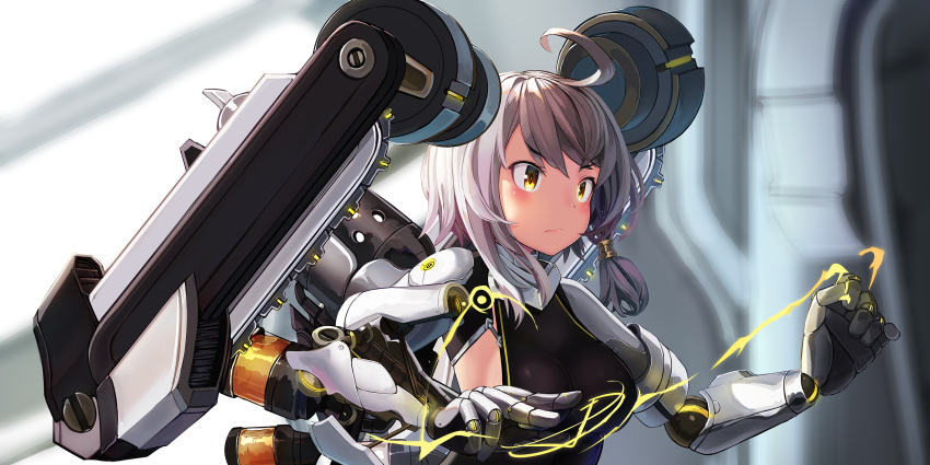 1girl ahoge bangs black_shirt blurry blush breasts chainsaw closed_mouth commentary_request depth_of_field electricity eyebrows_visible_through_hair hair_ornament highres long_hair machinery mecha_musume mechanical_arms medium_breasts natori_youkai original shirt side_cutout silver_hair solo upper_body yellow_eyes
