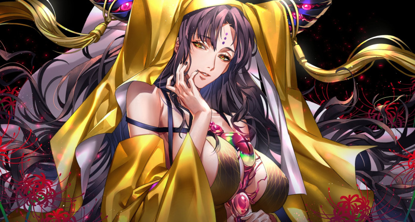 1girl bare_shoulders breasts brown_hair commentary_request detached_sleeves erect_nipples facial_mark fate/grand_order fate_(series) forehead_mark hand_on_own_cheek highres horns large_breasts long_hair looking_at_viewer nail_polish parted_lips revealing_clothes sesshouin_kiara sideboob tenobe upper_body veil very_long_hair wide_sleeves yellow_eyes