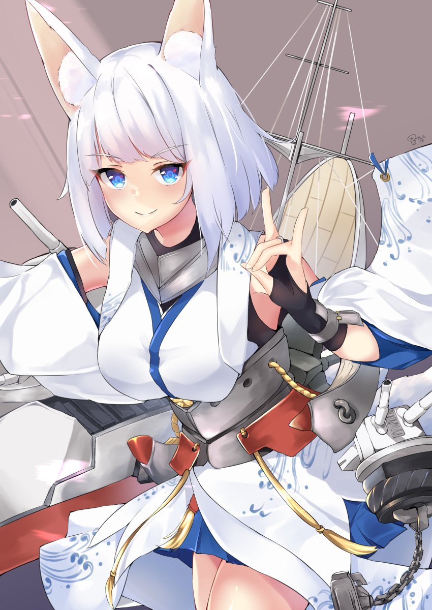 1girl absurdres anchor armpits artist_name azur_lane blue_eyes breasts cannon chains commentary_request detached_sleeves fox_shadow_puppet gloves highres japanese_clothes k-doku kaga_(azur_lane) kaga_(battleship)_(azur_lane) large_breasts looking_at_viewer medium_hair rigging simple_background smile solo