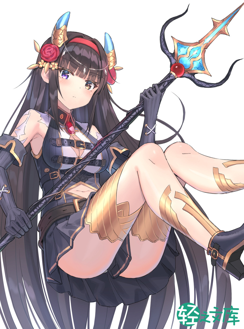 1girl 5ya belt black_gloves black_skirt breasts brown_eyes brown_hair cleavage cleavage_cutout closed_mouth copyright_request elbow_gloves eyebrows_visible_through_hair floating flower gloves hair_flower hair_ornament hairband hand_up heterochromia high_heels highres holding holding_weapon horns large_breasts leglet long_hair looking_at_viewer navel official_art pleated_skirt polearm red_flower red_rose rose simple_background sitting skirt solo trident two-handed very_long_hair violet_eyes weapon white_background wing_collar