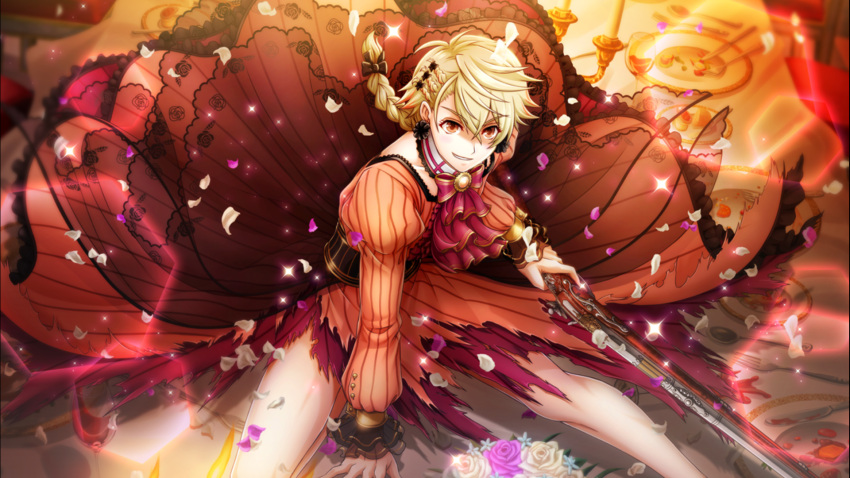 &gt;:d 1boy action androgynous antique_firearm bare_legs blonde_hair bow braid crossdressinging detached_collar dress earrings eyebrows_visible_through_hair firearm game_cg gun hair_bow highres holding holding_gun holding_weapon jewelry long_sleeves male_focus margarita_(senjuushi) multicolored_hair orange_dress orange_eyes orange_hair otoko_no_ko petals see-through senjuushi:_the_thousand_noble_musketeers squatting striped striped_dress torn_clothes torn_dress two-tone_hair weapon