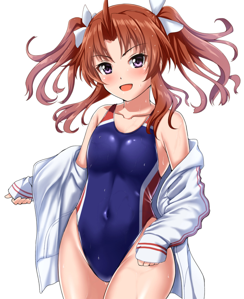 1girl antenna_hair blush breasts brown_hair collarbone competition_swimsuit eyebrows_visible_through_hair hair_between_eyes hair_ribbon highres jacket kagerou_(kantai_collection) kantai_collection long_hair long_sleeves looking_at_viewer navel one-piece_swimsuit open_mouth remodel_(kantai_collection) ribbon simple_background small_breasts solo sportswear swimsuit swimsuit_under_clothes track_jacket twintails violet_eyes water_drop wet wet_clothes wet_swimsuit white_background white_jacket white_ribbon zanntetu