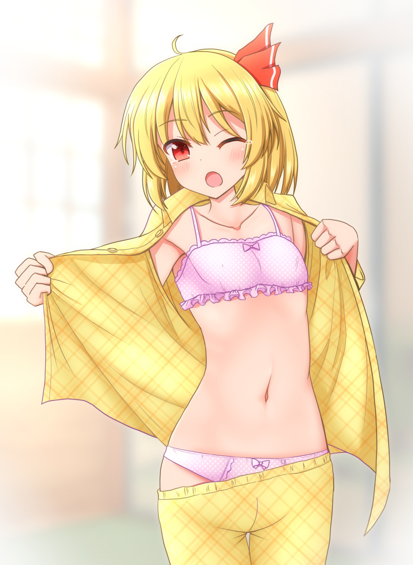 1girl ;o absurdres ahoge bangs blonde_hair blurry blurry_background bow bow_panties bra collarbone commentary_request cowboy_shot eyebrows_visible_through_hair frilled_bra frills hair_between_eyes hair_ribbon highres indoors long_sleeves looking_at_viewer navel one_eye_closed open_clothes open_mouth open_pajamas pajamas panties pants pink_bow pink_bra pink_panties plaid plaid_pajamas plaid_pants polka_dot polka_dot_bra polka_dot_panties red_eyes red_ribbon ribbon rumia short_hair solo standing stomach tears teoi_(good_chaos) touhou underwear wing_collar yellow_pajamas yellow_pants