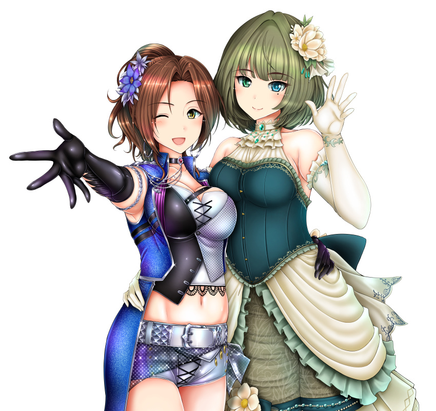 2girls absurdres bangs bare_shoulders belt black_gloves blue_eyes blue_vest blush breasts brooch brown_eyes brown_hair choker cleavage closed_mouth dress elbow_gloves flower gloves green_dress green_eyes green_hair hair_flower hair_ornament heterochromia highres idolmaster idolmaster_cinderella_girls idolmaster_cinderella_girls_starlight_stage jewelry kawashima_mizuki long_hair looking_at_viewer medium_breasts midriff mole mole_under_eye multiple_girls navel one_eye_closed open_clothes open_mouth open_vest otone outstretched_arm ponytail short_hair short_shorts shorts simple_background smile takagaki_kaede vest waving white_background white_gloves