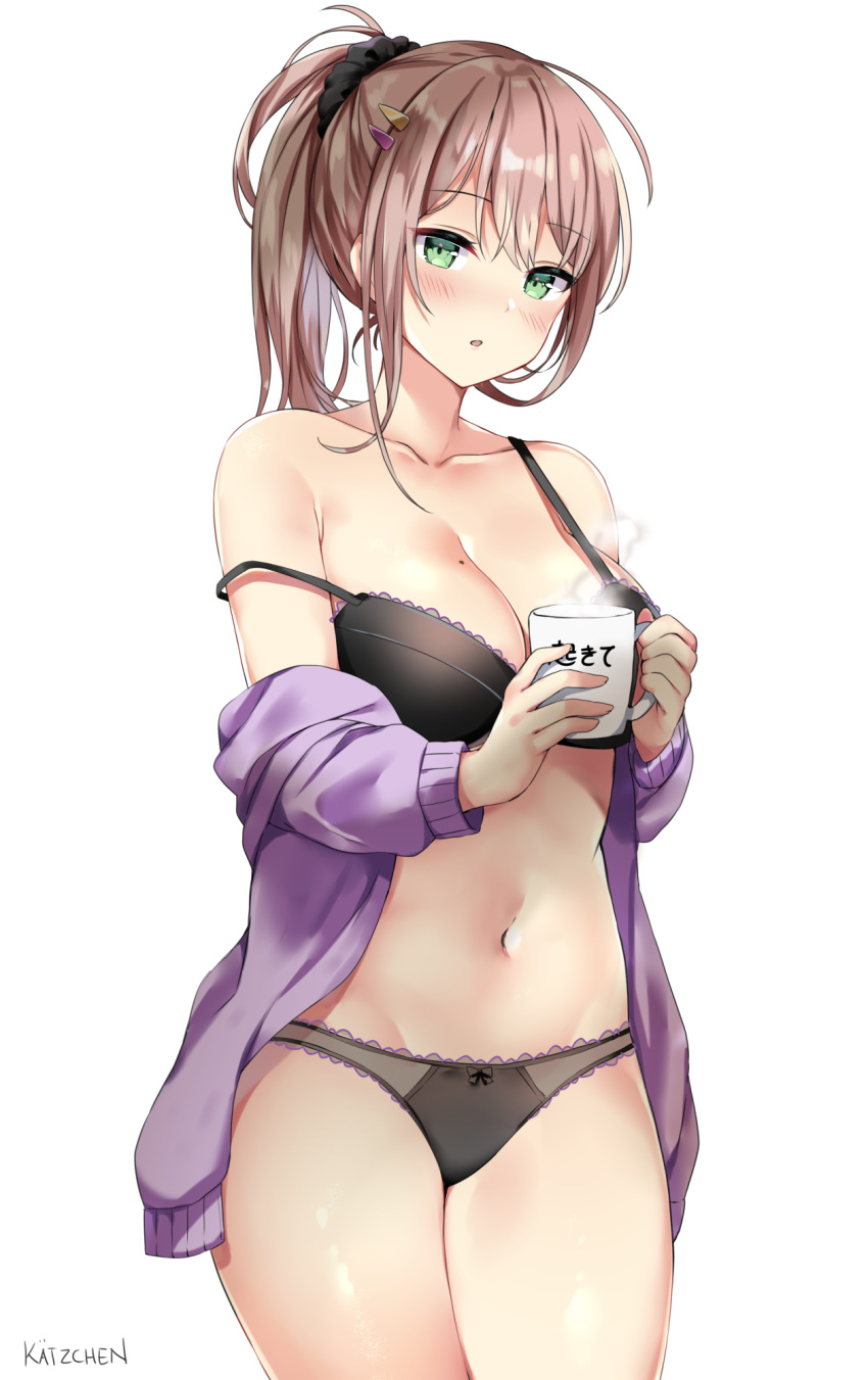 1girl ahoge artist_name black_bra black_legwear black_panties black_scrunchie blush bow bow_panties bra breasts brown_hair cleavage commentary cowboy_shot cup green_eyes groin hair_ornament hair_scrunchie hairclip high_ponytail highres holding holding_cup jacket kaetzchen lace lace-trimmed_bra lace-trimmed_panties long_hair looking_at_viewer medium_breasts mole mole_on_breast mug navel off_shoulder open_clothes open_jacket original panties parted_lips partially_undressed ponytail purple_jacket scrunchie solo steam strap_gap strap_slip thighs underwear white_background