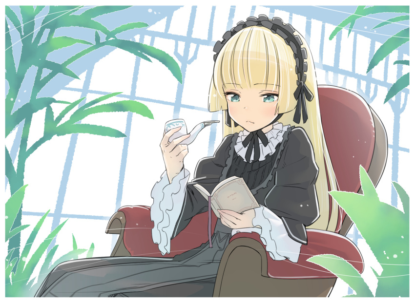 1girl bangs blonde_hair blue_eyes book closed_mouth couch eyebrows_visible_through_hair gosick headdress highres holding holding_book kawayabug long_hair pipe plant reading sitting solo victorica_de_blois wide_sleeves