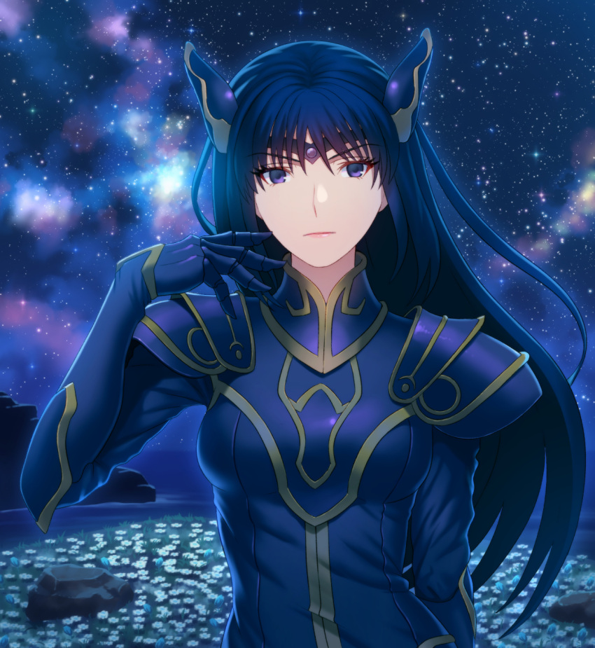 1girl armor bangs breasts circlet closed_mouth commentary_request fateline_alpha field flower flower_field gauntlets gloves hand_up highres horizon long_hair looking_at_viewer meadow medium_breasts milky_way night night_sky ocean outdoors purple_gloves purple_hair rock rose_(dragoon) shoulder_armor sky solo spaulders star_(sky) starry_sky the_legend_of_dragoon upper_body violet_eyes water