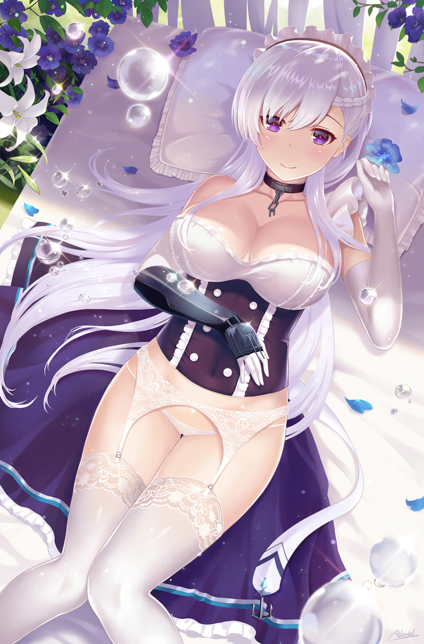 1girl alexiel_(pixiv6211566) arm_guards azur_lane belfast_(azur_lane) braid breasts chains cleavage collar elbow_gloves flower french_braid garter_belt garter_straps gloves highres lace lace-trimmed_legwear large_breasts long_hair lying micro_panties panties pillow skirt skirt_removed solo thigh-highs underwear very_long_hair violet_eyes white_gloves white_hair white_legwear