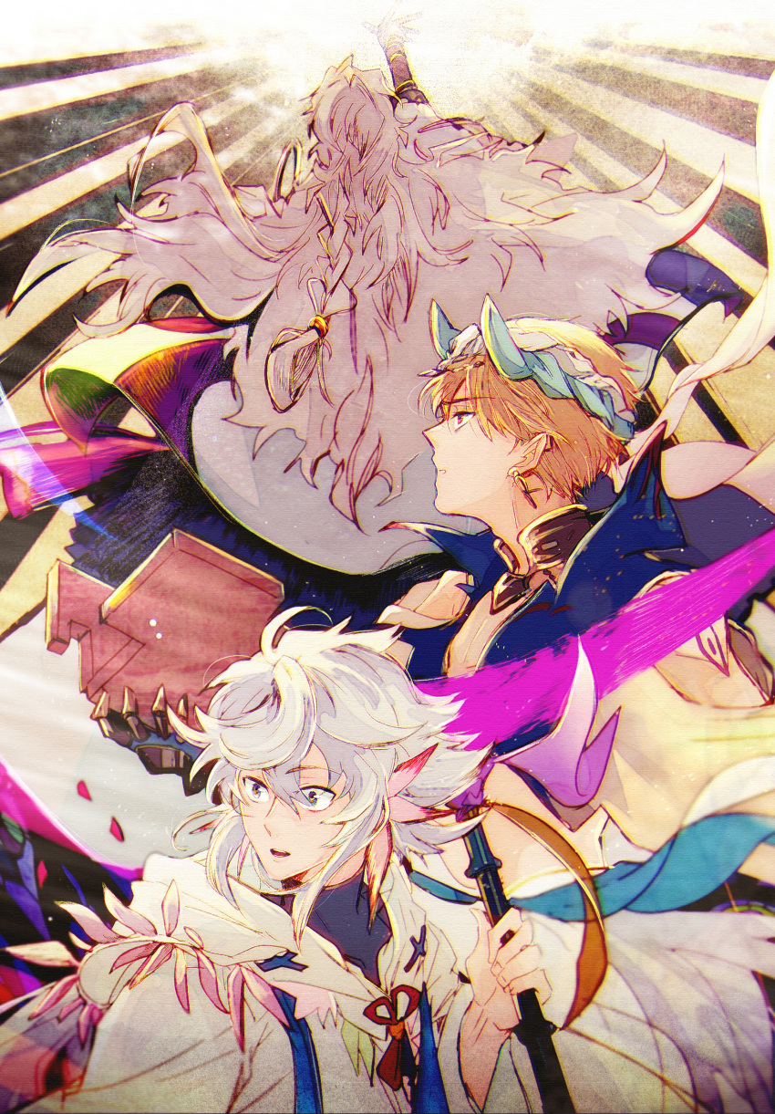 3boys absurdres arm_tattoo arm_up armlet back bangs blonde_hair blue_eyes bracelet braid cape circlet earrings eyebrows_visible_through_hair fate/grand_order fate_(series) from_behind from_below gauntlets gilgamesh gilgamesh_(caster)_(fate) gorget grey_hair hair_rings hand_up high_collar highres holding holding_staff jewelry light_rays long_hair merlin_(fate) messy_hair multiple_boys open_mouth outstretched_arm profile reaching_out red_eyes red_ribbon ribbon robe silver_hair single_braid sketch solomon_(fate/grand_order) staff tassel tattoo teeth very_long_hair yuki_1217k