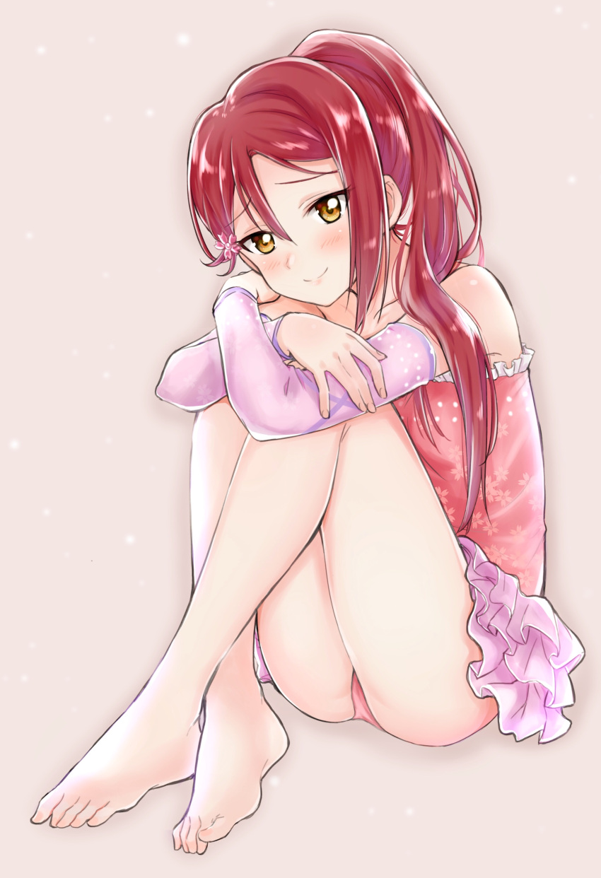 1girl absurdres arm_on_knee ass bangs bare_legs bare_shoulders barefoot blush collarbone cosplay crossed_arms detached_sleeves eyebrows_visible_through_hair feet floral_print hair_between_eyes hair_ornament hairclip highres kitaku_jikan_(ktk_jkn) knee_up legs_together lily_(shironeko_project) long_hair looking_at_viewer love_live! love_live!_sunshine!! panties pink_background pink_panties pleated_skirt redhead sakurauchi_riko shironeko_project sidelocks simple_background sitting skirt smile solo strapless underwear yellow_eyes