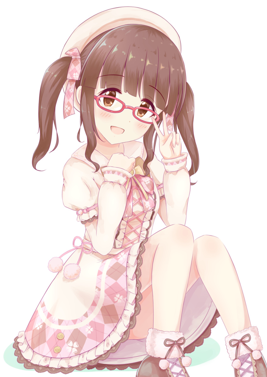 1girl :d argyle argyle_neckwear bangs bespectacled black_footwear blush boots bow bowtie brown_eyes brown_hair collared_dress commentary_request cross-laced_clothes cross-laced_footwear dress eyebrows_visible_through_hair frilled_dress frills glasses hair_ribbon hands_up hat head_tilt highres idolmaster idolmaster_cinderella_girls invisible_chair juliet_sleeves knees_up kyoncp lace lace-trimmed_dress long_hair long_sleeves looking_at_viewer ogata_chieri open_mouth pink-framed_eyewear pink_neckwear pink_ribbon pom_pom_(clothes) puffy_sleeves ribbon sidelocks simple_background sitting sleeves_past_wrists smile solo twintails v white_background white_dress white_hat