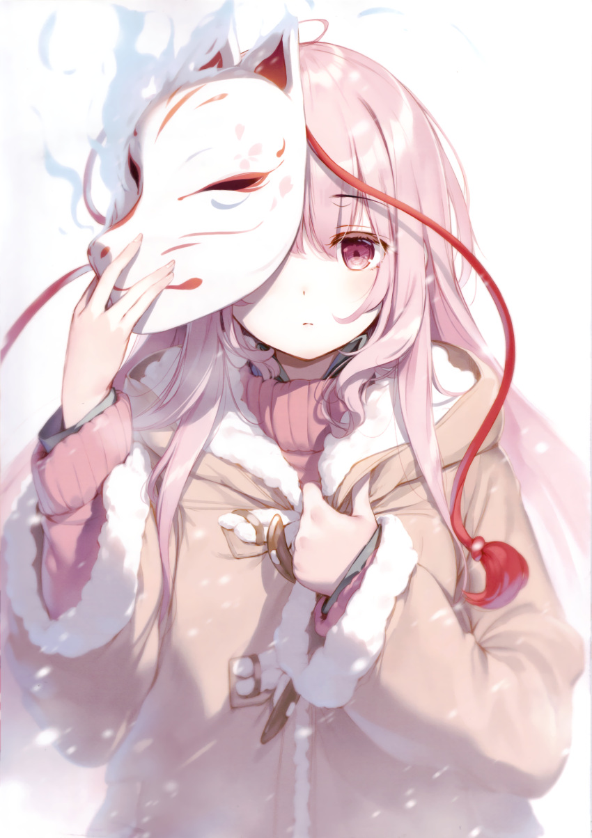 1girl absurdres alternate_costume bangs blush brown_coat casual closed_mouth coat contemporary eyebrows_visible_through_hair fox_mask fur-trimmed_coat fur_trim hair_between_eyes hand_up hata_no_kokoro highres ke-ta long_hair long_sleeves looking_at_viewer mask mask_on_head pink_eyes pink_hair pink_sweater scan snow solo sweater tassel touhou turtleneck turtleneck_sweater upper_body white_background