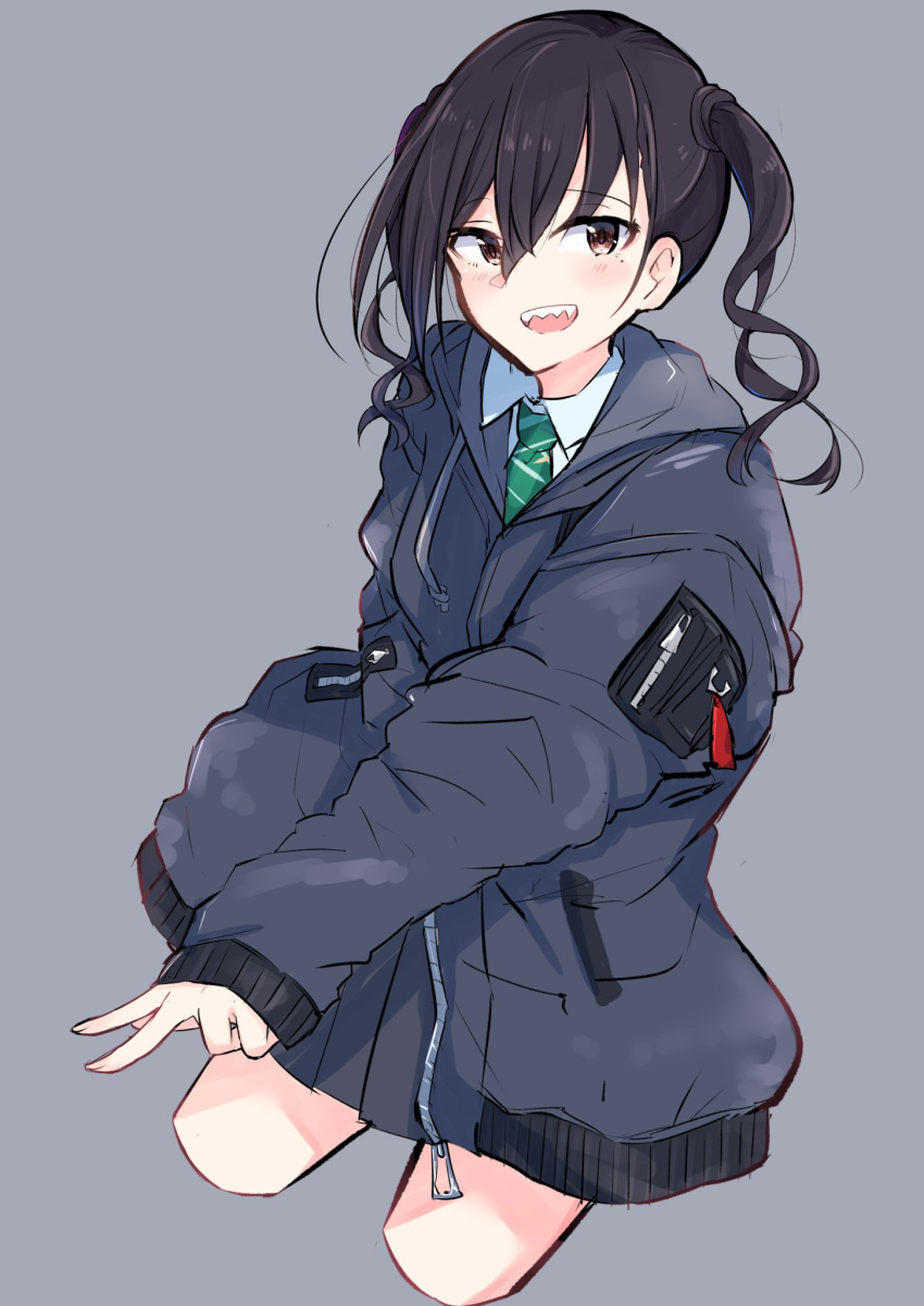 1girl :d bangs black_hair black_jacket blush brown_eyes collared_shirt commentary_request cropped_legs drawstring eyebrows_visible_through_hair green_neckwear grey_background hair_between_eyes hanetsuka highres hood hooded_jacket idolmaster idolmaster_cinderella_girls jacket long_hair long_sleeves looking_at_viewer mole mole_under_eye necktie open_mouth sharp_teeth shirt simple_background sleeves_past_wrists smile solo sunazuka_akira teeth twintails upper_teeth v wavy_hair white_shirt zipper_pull_tab