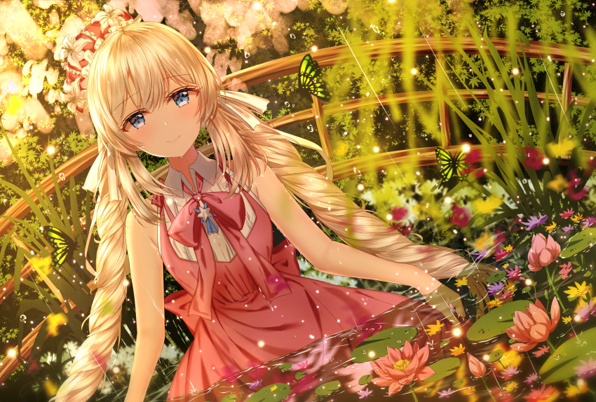 1girl absurdres animal bare_arms bare_shoulders blonde_hair blue_eyes blurry blush bug butterfly closed_mouth collared_shirt commentary dress english_commentary fate/grand_order fate_(series) flower flower_on_liquid frilled_hat frills hat hat_flower highres huge_filesize insect junpaku_karen lily_pad long_hair low_twintails marie_antoinette_(fate/grand_order) mini_hat pink_flower purple_flower red_dress red_hat shirt sleeveless sleeveless_dress sleeveless_shirt smile solo tilted_headwear twintails very_long_hair water white_flower white_shirt yellow_flower