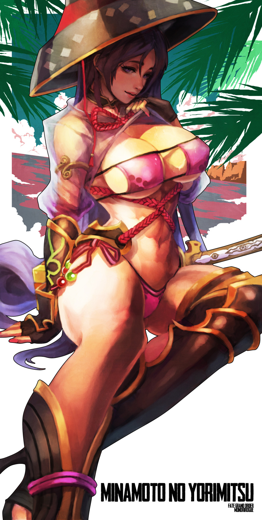 1girl abs absurdres artist_name bangs bikini bracer breasts character_name choker cleavage clothes_lift commentary copyright_name english_commentary erect_nipples eyelashes eyepatch_bikini fate/grand_order fate_(series) fingerless_gloves gloves greaves hat highres large_breasts lips long_hair looking_at_viewer minamoto_no_raikou_(fate/grand_order) minamoto_no_raikou_(swimsuit_lancer)_(fate) mismatched_legwear monori_rogue navel nose palm_leaf parted_bangs purple_bikini purple_hair rope see-through shrug_(clothing) side-tie_bikini sitting solo swimsuit sword_hilt thick_thighs thighs toned under_boob very_long_hair violet_eyes