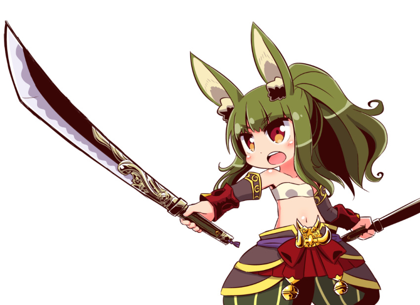 1girl :o animal_ear_fluff animal_ears bandeau bangs bell blush breasts brown_eyes brown_sleeves detached_sleeves eyebrows_visible_through_hair green_hair green_pants high_ponytail holding holding_sword holding_weapon jingle_bell long_hair long_sleeves masurao_(sekaiju) naga_u navel open_mouth pants ponytail puffy_pants rabbit_ears sekaiju_no_meikyuu sidelocks simple_background small_breasts solo sword upper_teeth v-shaped_eyebrows weapon white_background white_bandeau