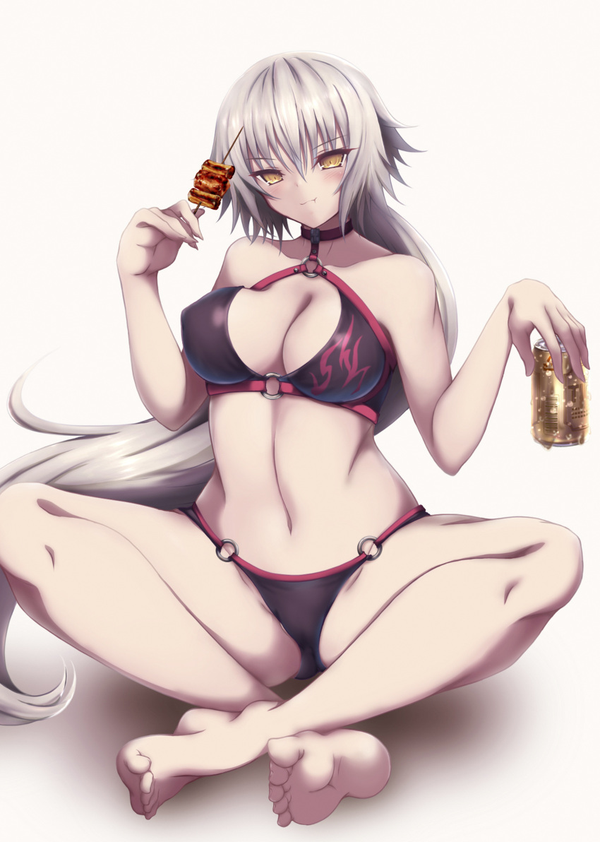 1girl absurdres akina_t bangs bare_arms bare_legs bare_shoulders barefoot bikini breasts chewing cleavage closed_mouth commentary_request condensation crossed_ankles erect_nipples eyebrows_visible_through_hair eyes_visible_through_hair fate_(series) food_request hair_between_eyes highres hips holding indian_style jeanne_d'arc_(alter)_(fate) jeanne_d'arc_(fate)_(all) long_hair looking_at_viewer medium_breasts navel o-ring o-ring_bikini silver_hair silver_trim sitting solo swimsuit tsurime very_long_hair yellow_eyes