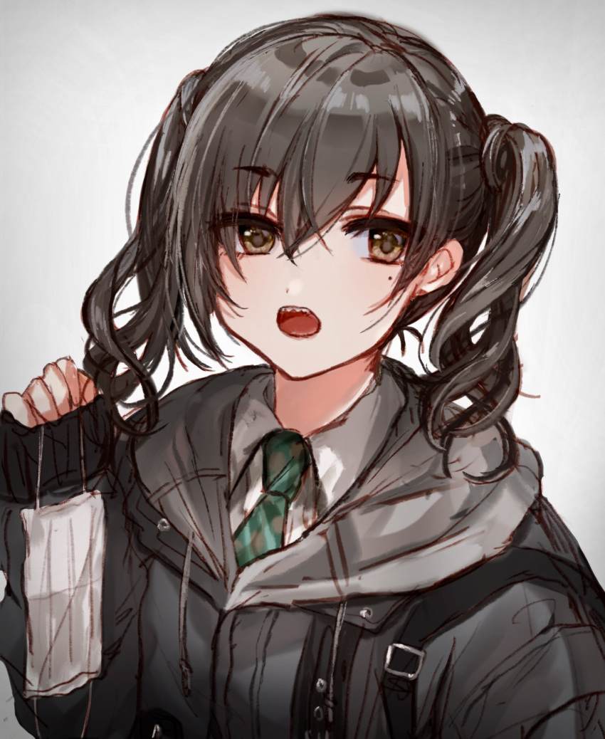 1girl :o bangs black_hair black_jacket brown_eyes collared_shirt drawstring eyebrows_visible_through_hair gradient gradient_background green_neckwear grey_background hair_between_eyes hand_up highres holding holding_mask hood hood_down hooded_jacket idolmaster idolmaster_cinderella_girls jacket kuromitsu_maria long_hair long_sleeves looking_at_viewer mask mask_removed mole mole_under_eye necktie open_mouth sharp_teeth shirt sidelocks sketch sleeves_past_wrists solo sunazuka_akira surgical_mask teeth twintails upper_body wavy_hair white_shirt