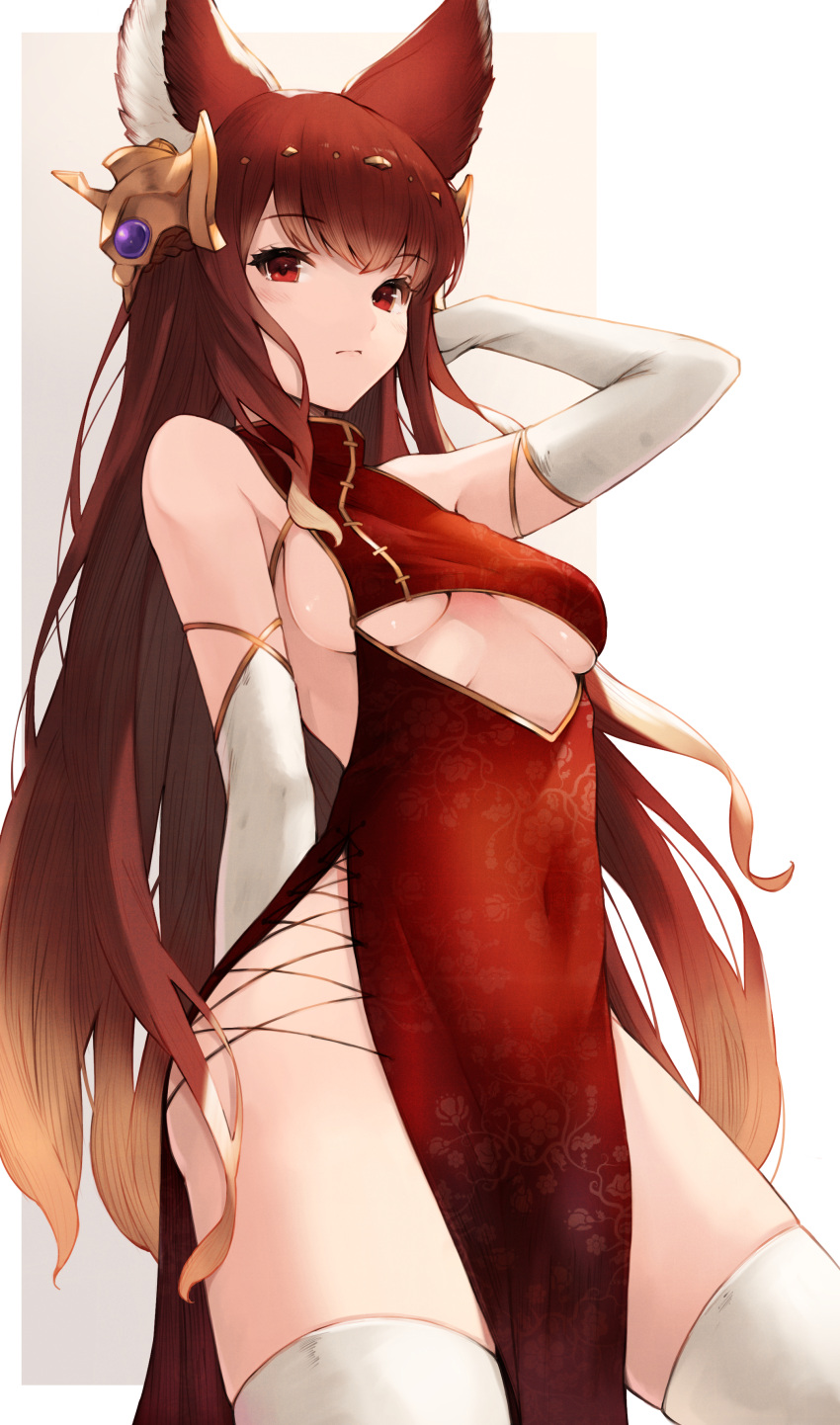 1girl absurdres animal_ears anthuria arm_behind_back arm_up bangs bare_shoulders blush breasts china_dress chinese_clothes closed_mouth commentary_request dress elbow_gloves eyebrows_visible_through_hair gloves granblue_fantasy hair_ornament highres koretsuki_azuma long_hair looking_at_viewer medium_breasts outside_border red_dress red_eyes redhead sleeveless sleeveless_dress solo standing thigh-highs very_long_hair white_gloves