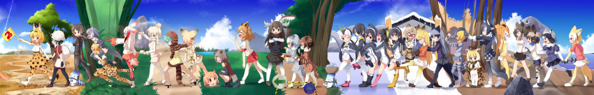 1girl 6+girls :d ^_^ absurdres african_wild_dog_(kemono_friends) alpaca_ears alpaca_suri_(kemono_friends) alpaca_tail american_beaver_(kemono_friends) animal_ear_fluff animal_ears antlers backpack bag bear_ears bear_tail beaver_ears beaver_tail bird_tail black-tailed_prairie_dog_(kemono_friends) black_cerulean_(kemono_friends) black_hair blonde_hair blue_eyes brown_bear_(kemono_friends) brown_eyes brown_hair campo_flicker_(kemono_friends) caracal_(kemono_friends) caracal_tail carrying cat_ears cat_tail closed_eyes closed_eyes commentary_request common_raccoon_(kemono_friends) curry dog_ears dog_tail eating emperor_penguin_(kemono_friends) eurasian_eagle_owl_(kemono_friends) everyone extra_ears ezo_red_fox_(kemono_friends) fang fennec_(kemono_friends) flag food fox_ears fox_tail gentoo_penguin_(kemono_friends) giraffe_ears giraffe_horns giraffe_print golden_snub-nosed_monkey_(kemono_friends) gradient_hair green_eyes green_hair grey_hair grey_wolf_(kemono_friends) hand_holding hat head_wings highres hippopotamus_(kemono_friends) hippopotamus_ears humboldt_penguin_(kemono_friends) jaguar_(kemono_friends) jaguar_ears jaguar_print jaguar_tail japanese_crested_ibis_(kemono_friends) japari_bun kaban_(kemono_friends) kemono_friends lion_(kemono_friends) lion_ears lion_tail long_hair long_image lucky_beast_(kemono_friends) magnifying_glass makuran margay_(kemono_friends) monkey_ears monkey_tail moose_(kemono_friends) moose_ears moose_tail multicolored_hair multiple_girls northern_white-faced_owl_(kemono_friends) open_mouth orange_eyes orange_hair otter_ears otter_tail prairie_dog_ears raccoon_ears raccoon_tail redhead reticulated_giraffe_(kemono_friends) rockhopper_penguin_(kemono_friends) royal_penguin_(kemono_friends) running sand_cat_(kemono_friends) serval_(kemono_friends) serval_ears serval_print serval_tail short_hair shoulder_carry silver_fox_(kemono_friends) silver_hair small-clawed_otter_(kemono_friends) smile snake_tail solo striped_tail tail tsuchinoko_(kemono_friends) walking white_hair wide_image wolf_ears wolf_tail