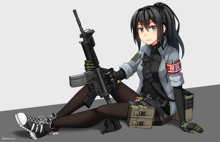 1girl acog arm_support armband assault_rifle bangs belt belt_buckle black_belt black_gloves black_gothic_dress_(idolmaster) black_hair black_shirt blue_eyes blue_shorts breasts brown_legwear buckle chinese chinese_commentary commentary_request elbow_gloves eyebrows_visible_through_hair gloves grey_background grey_jacket gun hair_between_eyes high_ponytail highres holding holding_gun holding_weapon jacket long_hair m4_carbine ndtwofives open_clothes open_jacket original pantyhose parted_lips ponytail rifle shirt shoes short_shorts short_sleeves shorts sidelocks sitting small_breasts solo suzuya_tang translation_request twitter_username weapon