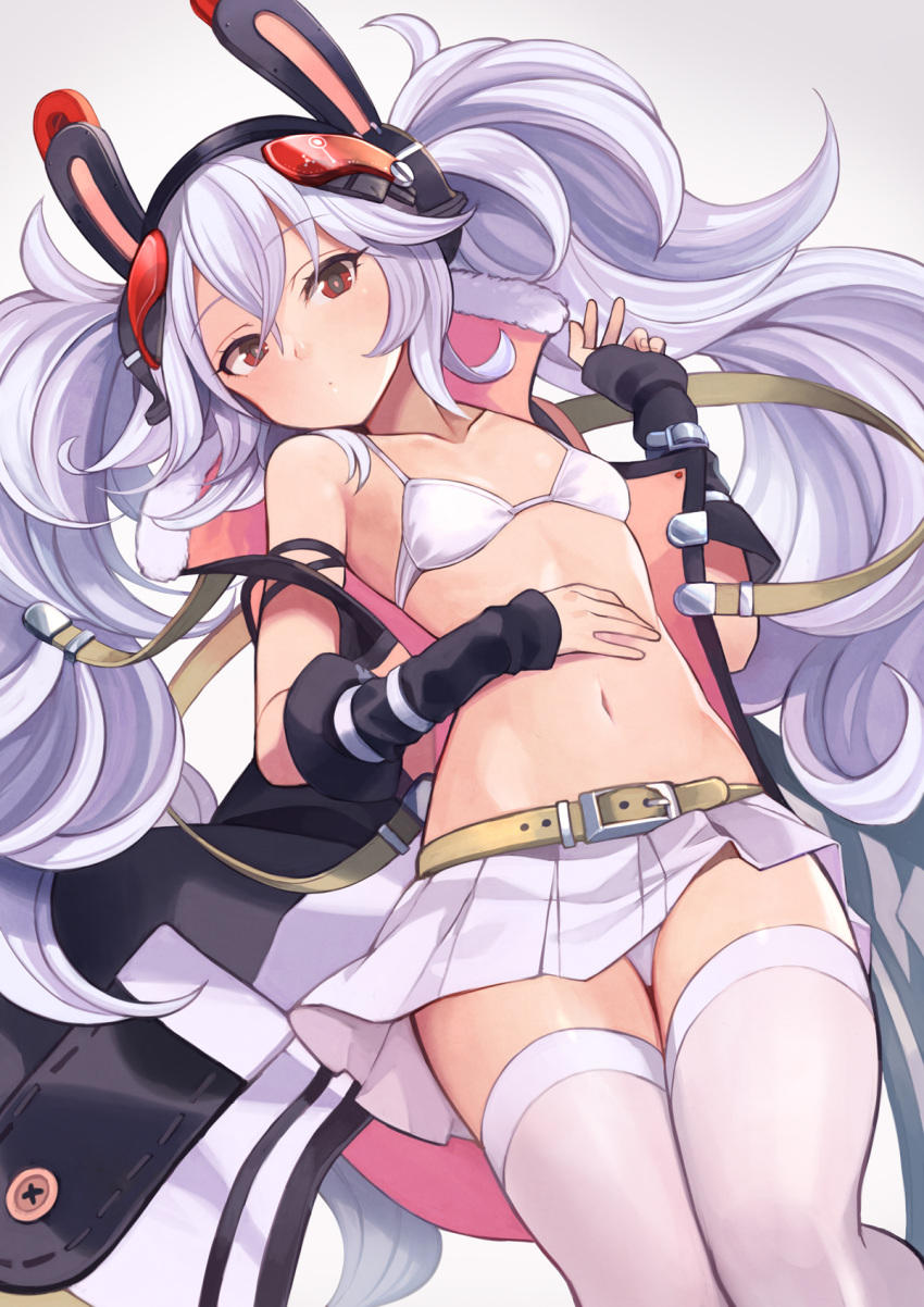 1girl animal_ears azur_lane bangs belt belt_buckle bikini_top black_hairband black_jacket brown_belt buckle closed_mouth commentary_request detached_sleeves eyebrows_visible_through_hair fingernails fur-trimmed_jacket fur_trim grey_background hair_between_eyes hairband head_tilt highres jacket laffey_(azur_lane) long_hair long_sleeves lying navel on_back open_clothes open_jacket panties pleated_skirt rabbit_ears red_eyes remodel_(azur_lane) silver_hair skirt sleeveless_jacket sleeves_past_wrists solo thigh-highs twintails underwear very_long_hair white_bikini_top white_legwear white_panties white_skirt yuko_(uc_yuk)