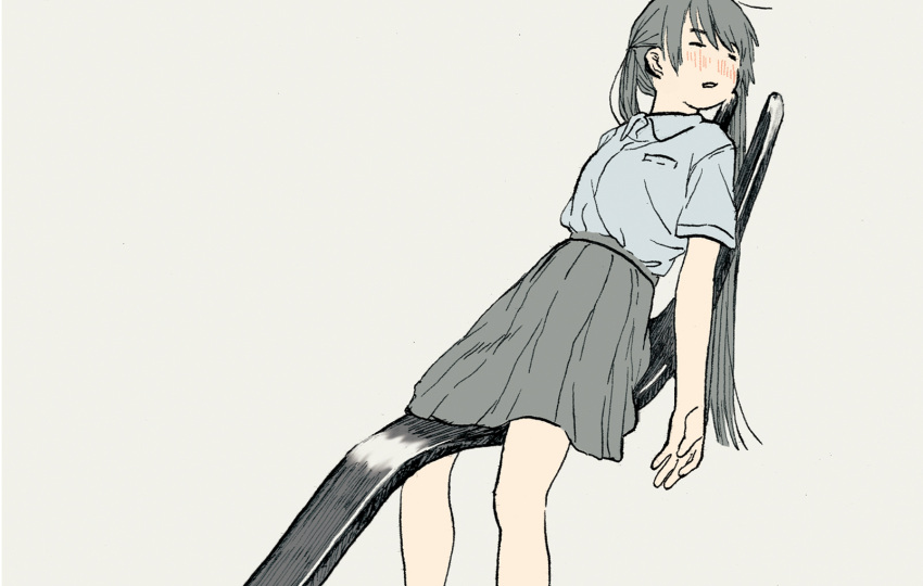 1girl bare_legs blue_shirt blush closed_eyes collared_shirt commentary_request eyebrows_visible_through_hair feet_out_of_frame fork grey_background grey_hair grey_skirt highres long_hair original oversized_object parted_lips pleated_skirt shiki_haru shirt shirt_tucked_in short_sleeves simple_background sitting skirt sleeping solo twintails