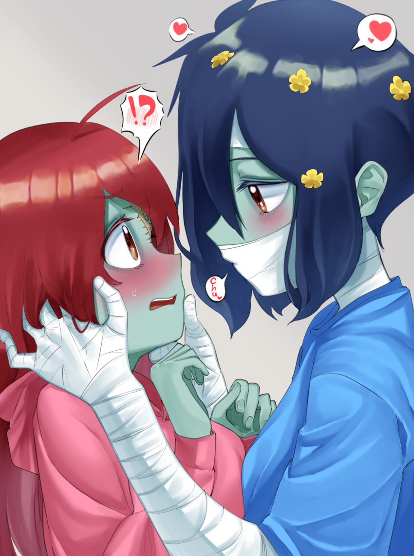 !? 2girls ahoge asymmetrical_docking bandage bandaged_arm bandaged_head bandaged_neck bandages black_hair blue_shirt blue_skin blush bow breast_press brown_eyes commentary_request eye_contact fingernails flower grey_background hair_bow hair_flower hair_ornament hands_on_another's_face heart highres imminent_kiss long_hair long_sleeves looking_at_another minamoto_sakura mizuno_ai multiple_girls pink_shirt redhead scar seisei_tamago shirt simple_background spoken_heart spoken_interrobang upper_body upper_teeth yuri zombie zombie_land_saga