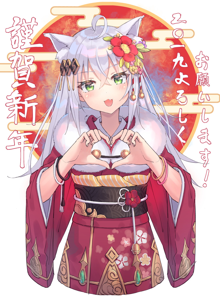 5ya :3 ahoge akeome bangs blush commentary_request copyright_request crossed_bangs fang fingernails flower fur_trim green_eyes grey_hair hair_between_eyes hair_flower hair_ornament hands_up happy_new_year head_tilt heart heart_hands highres japanese_clothes kimono long_hair long_sleeves looking_at_viewer nengajou new_year obi red_flower red_kimono sash smile translated upper_body wide_sleeves