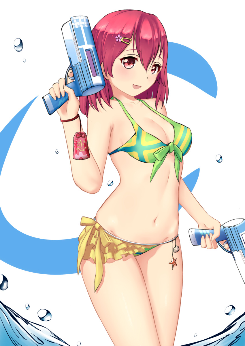 1girl absurdres arm_up bikini bikini_skirt bracelet breasts charm_(object) cleavage contrapposto cowboy_shot dual_wielding front-tie_bikini front-tie_top green_bikini hair_between_eyes hair_ornament hairclip head_tilt highres holding holding_water_gun jewelry looking_at_viewer medium_breasts medium_hair nearoul_kishi open_mouth original red_eyes redhead shiny shiny_hair solo standing striped striped_bikini swimsuit two-tone_background water water_drop water_gun