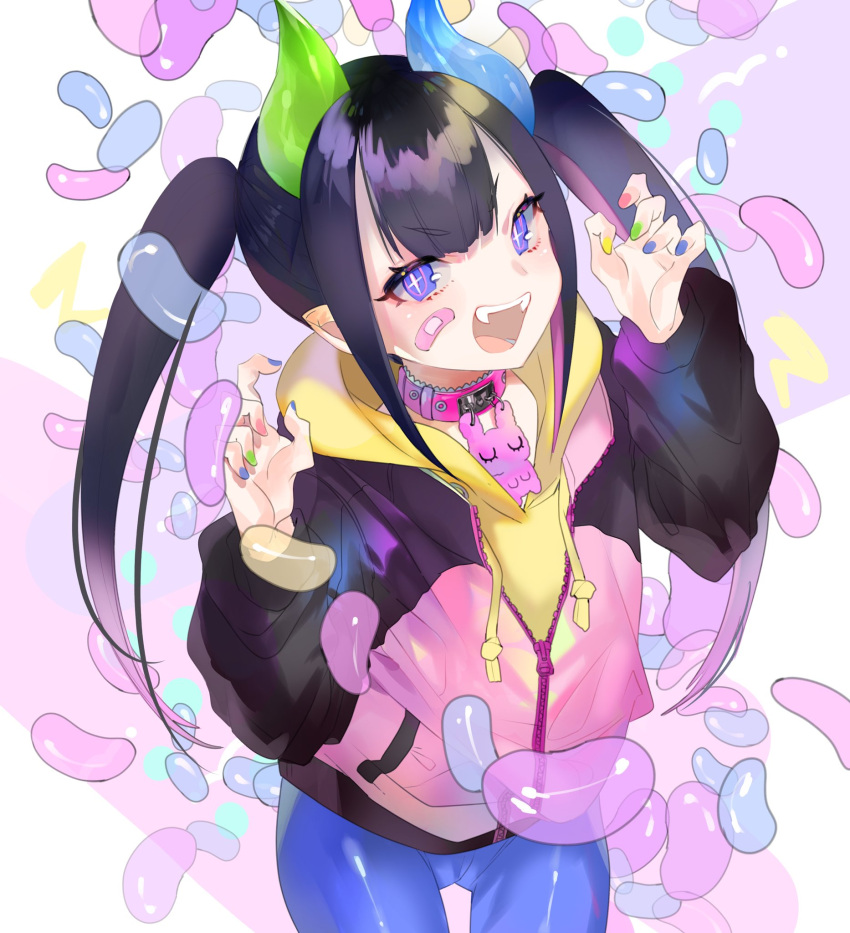 +_+ 1girl :d aano_(10bit) bandaid bandaid_on_face bangs black_hair blue_nails blue_pants candy choker claw_pose cowboy_shot drawstring eyebrows_visible_through_hair fangs food green_nails hands_up highres hood hood_down hoodie horns jacket jelly_bean long_hair long_sleeves looking_at_viewer multicolored multicolored_nails nail_polish open_mouth original pants partially_unzipped pink_choker pink_jacket pointy_ears puffy_sleeves raglan_sleeves red_nails sidelocks smile solo standing twintails v-shaped_eyebrows violet_eyes yellow_hoodie yellow_nails zipper zipper_pull_tab