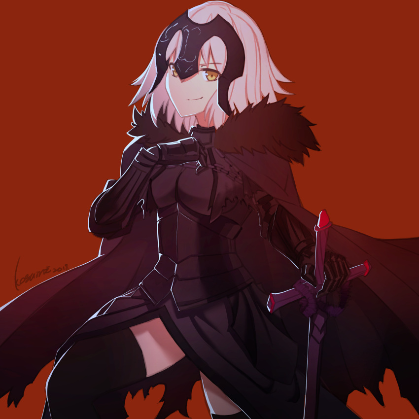 1girl absurdres armor armored_dress bangs black_cape black_dress black_legwear breasts brown_eyes cape chains closed_mouth commentary_request dress eyebrows_visible_through_hair fate/grand_order fate_(series) fur-trimmed_cape fur_trim gauntlets hand_on_hilt hand_up headpiece highres jeanne_d'arc_(alter)_(fate) jeanne_d'arc_(fate)_(all) kosumi medium_breasts red_background signature simple_background smile solo thigh-highs torn_cape torn_clothes white_hair