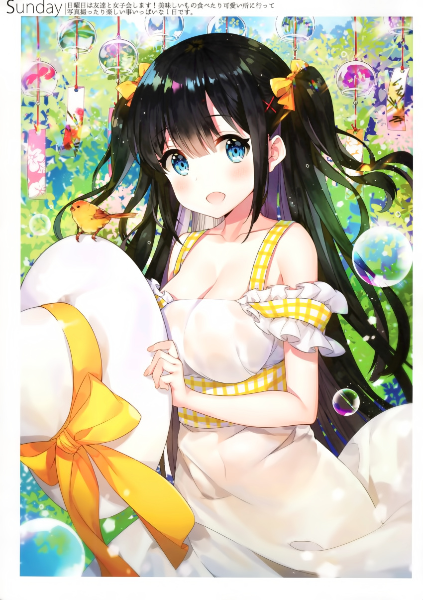 1girl :d absurdres ayamy bangs bare_shoulders bird black_hair blue_eyes blush breasts bubble cleavage dress green_background hair_ornament hair_ribbon hat hat_removed hat_ribbon headwear_removed highres holding holding_hat huge_filesize large_breasts long_hair looking_at_viewer open_mouth original ribbon scan short_sleeves smile solo standing sun_hat sundress two_side_up very_long_hair white_dress white_hat wind_chime x_hair_ornament yellow_ribbon