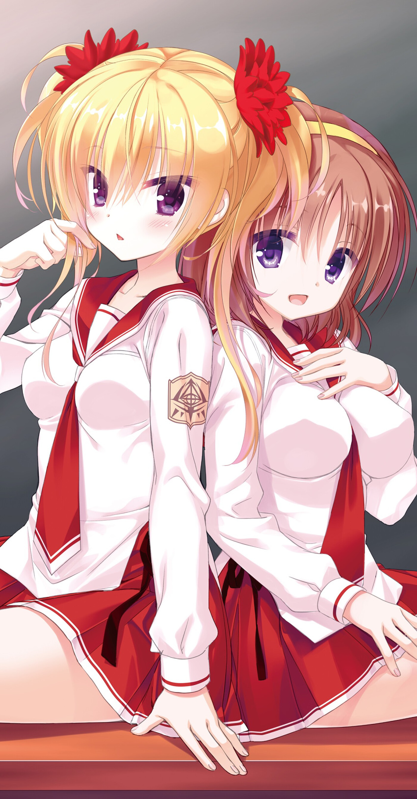2girls :d absurdres back-to-back blonde_hair bow breasts brown_hair eyebrows_visible_through_hair flower hair_between_eyes hair_bow hair_flower hair_ornament hairband hidan_no_aria highres indoors kobuichi large_breasts long_hair long_sleeves looking_at_viewer medium_breasts mine_riko miniskirt multiple_girls necktie novel_illustration official_art open_mouth pleated_skirt red_flower red_neckwear red_sailor_collar red_skirt sailor_collar shiny shiny_hair shirt sitting skirt smile twintails violet_eyes white_shirt yellow_bow yellow_hairband