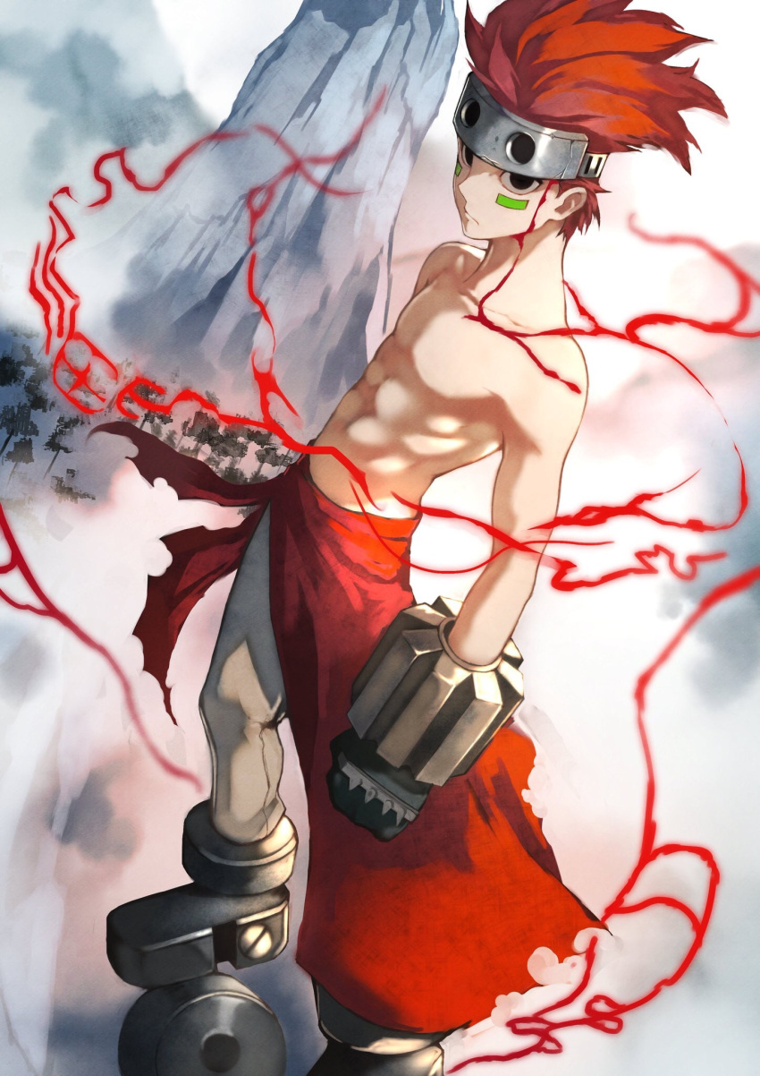 1boy 55level abs black_eyes bleeding blood blood_on_face bolt clenched_hand closed_mouth facepaint fog frown gloves headgear highres injury mountain original pants redhead runes shirtless short_hair spiked_gloves standing torn_clothes tree