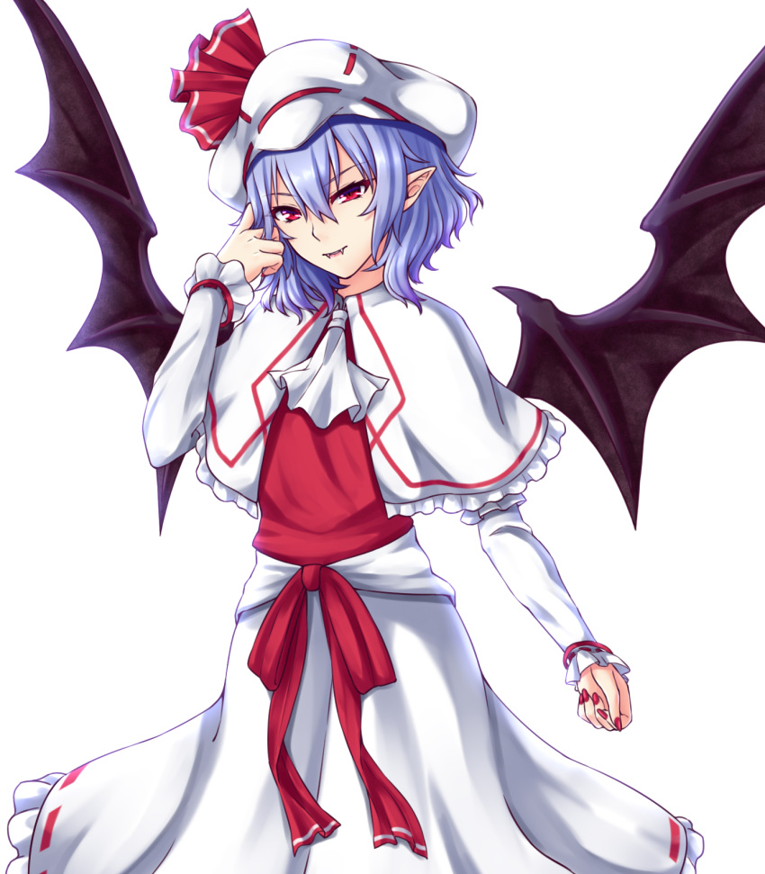 1girl bat_wings blue_hair capelet cowboy_shot cravat curled_fingers dress eyebrows_visible_through_hair fangs fangs_out frilled_skirt frills hair_between_eyes hand_in_hair hat hat_ribbon head_tilt highres layered_dress light_smile looking_at_viewer nail_polish pointy_ears red_nails red_ribbon red_vest remilia_scarlet ribbon short_hair simple_background skirt solo standing touhou vest white_background white_capelet white_hat white_neckwear white_skirt wings zeramu