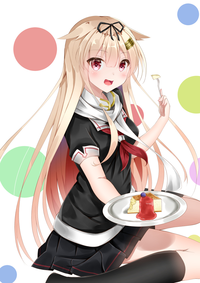 1girl absurdres black_legwear black_ribbon black_serafuku black_shirt black_skirt blonde_hair blush cake eyebrows_visible_through_hair floating_hair food fork hair_ornament hair_ribbon highres holding holding_fork holding_plate kantai_collection kneehighs long_hair looking_at_viewer miniskirt neckerchief open_mouth plate pleated_skirt red_eyes red_neckwear ribbon sailor_collar scarf school_uniform serafuku shiny shiny_hair shirt short_sleeves sitting skirt solo very_long_hair wariza white_background white_sailor_collar white_scarf yashima_roi yuudachi_(kantai_collection)