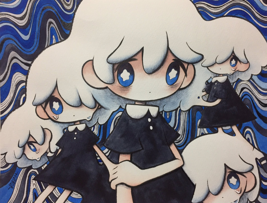 5girls abstract_background black_dress black_eyes blue_eyes dated dress gradient_eyes hair_over_one_eye highres looking_at_viewer multicolored multicolored_eyes multiple_girls original signature star star-shaped_pupils surreal symbol-shaped_pupils tears zukky000