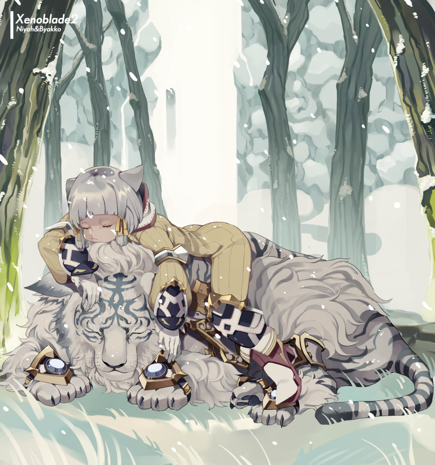 1girl absurdres animal_ears bodysuit byakko_(xenoblade) cat_ears facial_mark gloves grey_hair highres nintendo niyah on_animal sleeping snow tiger tree white_gloves white_tiger xenoblade_(series) xenoblade_2